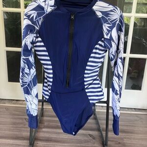 Blue and White Floral Long Sleeve Swimsuit
